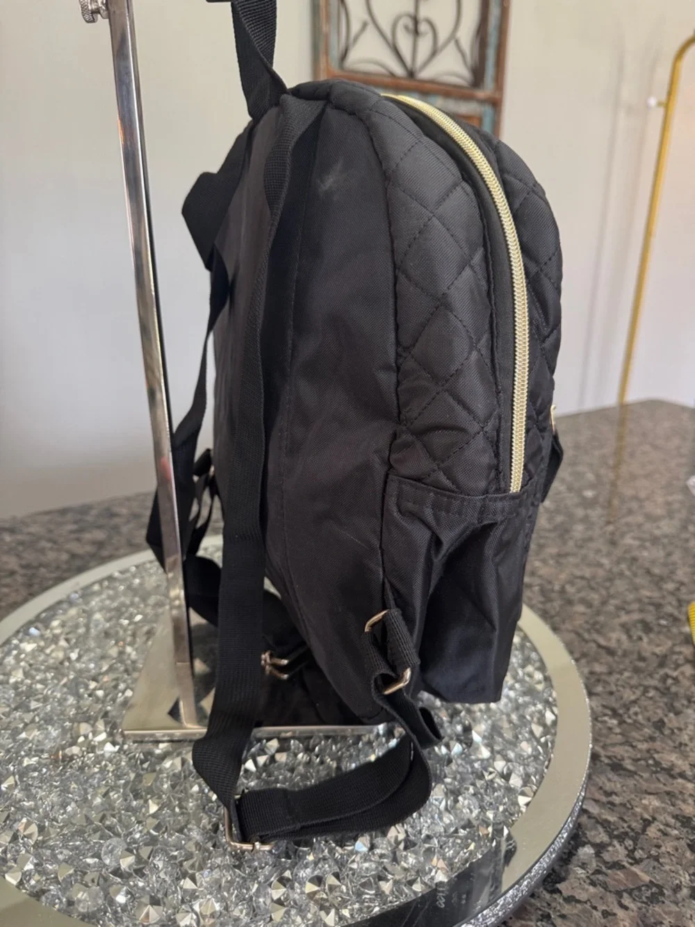 Daisy Fuentes Quilted Black Mini Backpack with Gold Accents EUC